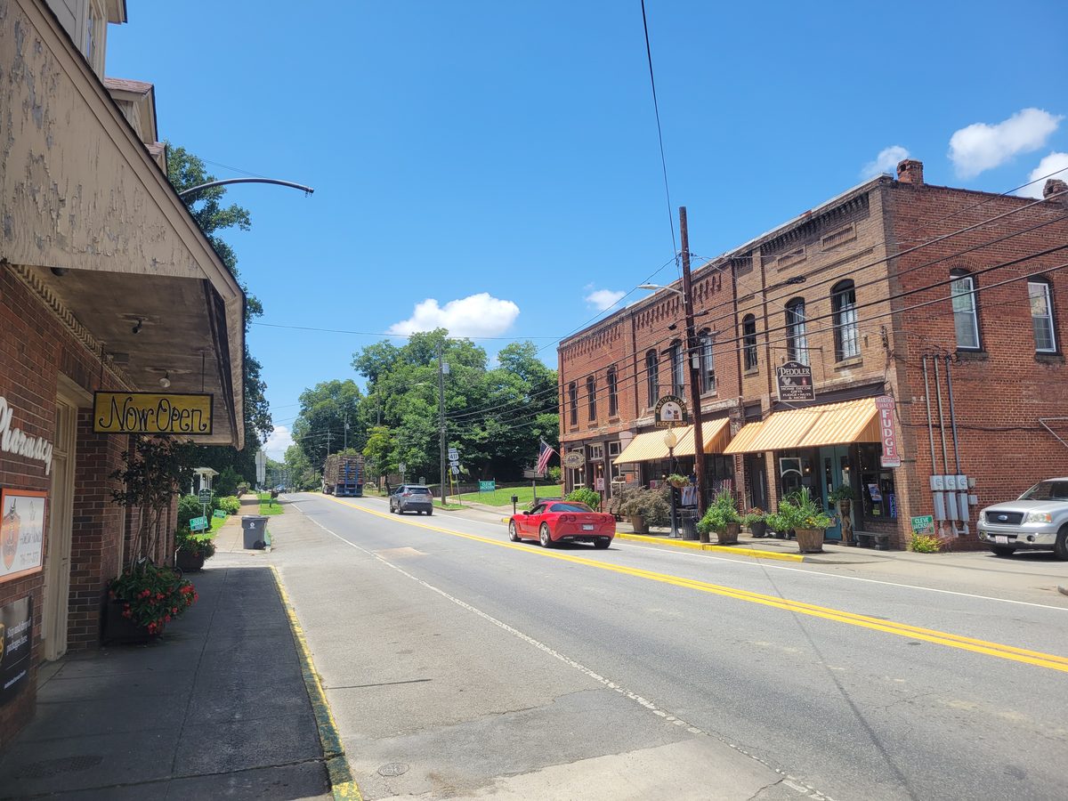 Historic storefronts on Alabama Street in downtown Cave Spring, Georgia
