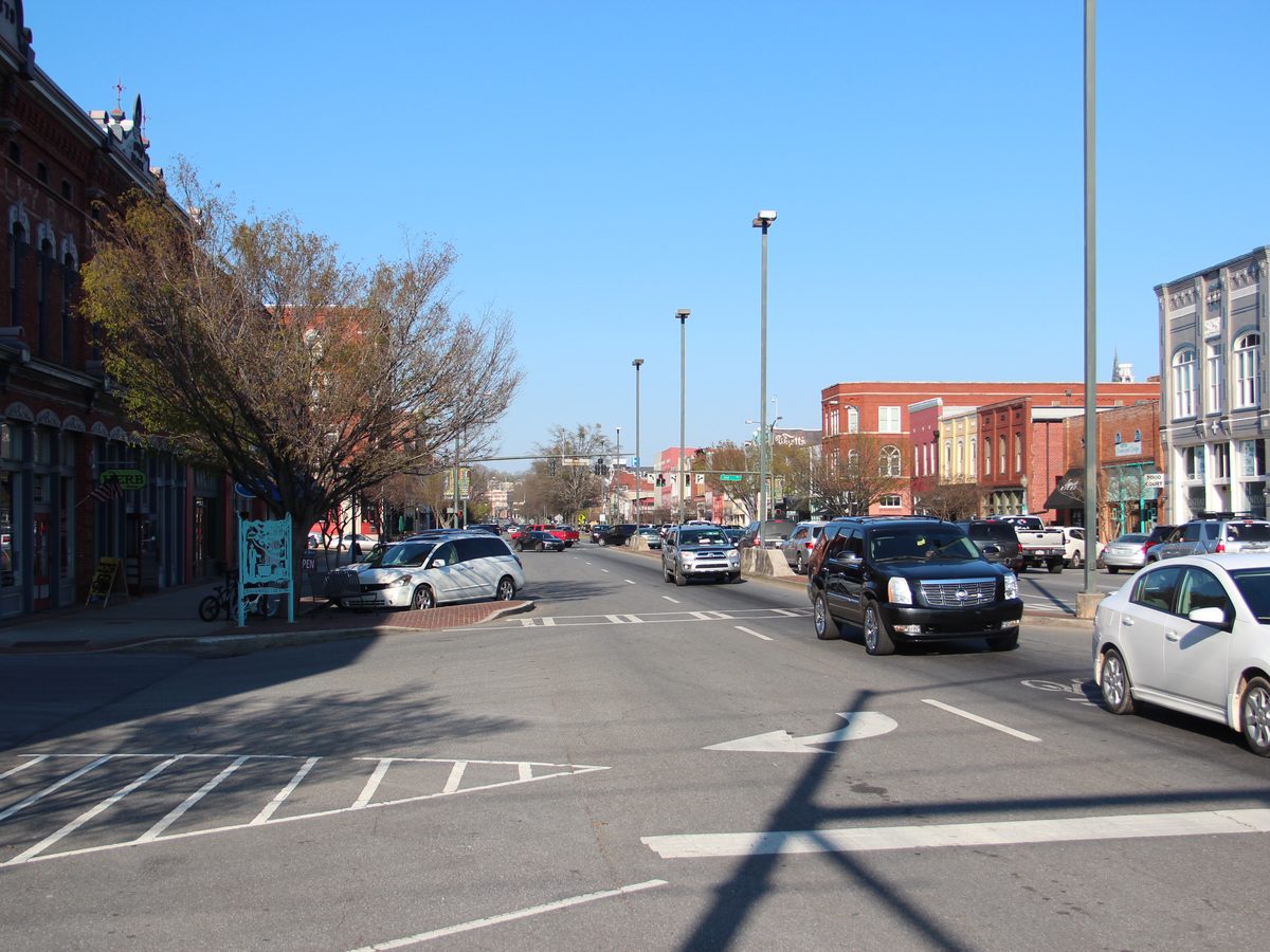 Downtown Broad Street in Rome, Georgia, lined with historic storefronts